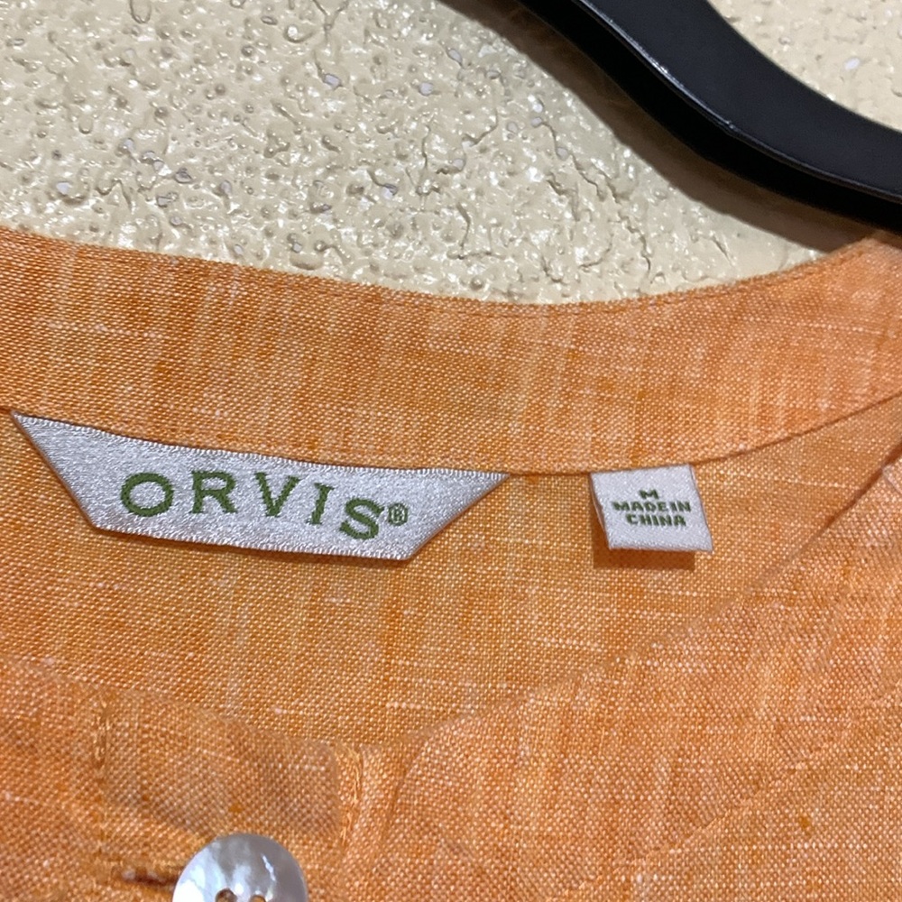 ORVIS Top Short Blouse M  Orange Cropped Short Sleeve Buttons 100% Linen - Picture 6 of 14